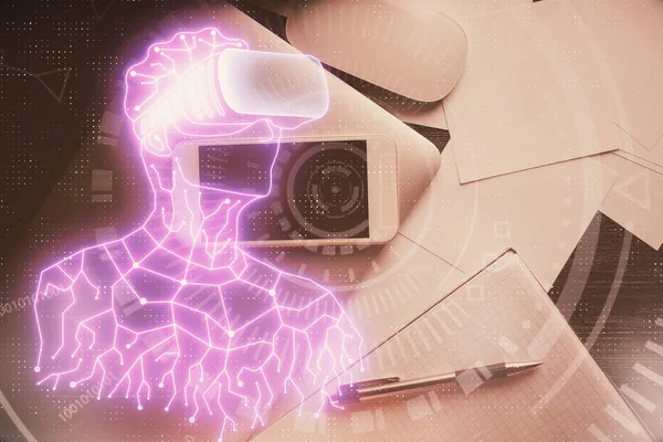 Dupla exposição de desenho homem em óculos AR sobre mesa com telefone. Vista superior. Conceito VR. — Fotografia de Stock