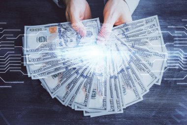 Beynin holograma maruz kalması, bize dolar banknotları ve insan eli çizmesi. Ai yatırım konsepti