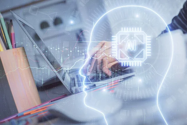 Dupla exposição das mãos da mulher trabalhando no computador e no desenho do holograma do cérebro. Conceito Ai. — Fotografia de Stock