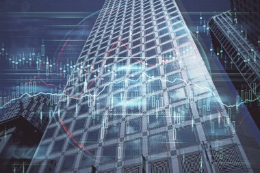 Yüksek binaların arka planında çoklu pozlama olan eski şehir haritası. Finansal araştırma kavramı.