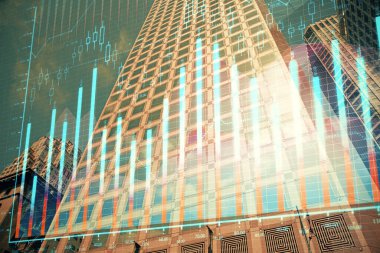 Yüksek binaların arka planında çoklu pozlama olan eski şehir haritası. Finansal araştırma kavramı.