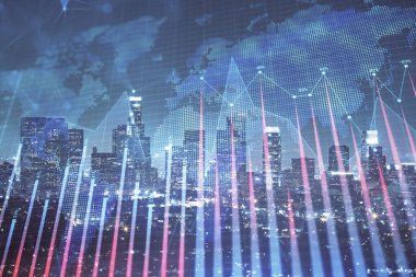 Yüksek binaların arka planında çoklu pozlama olan eski şehir haritası. Finansal araştırma kavramı.