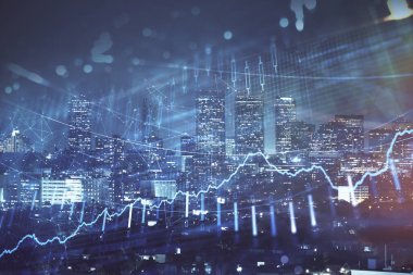 Yüksek binalar arka plan çok pozlama ile gece şehir scape mali grafik. Analiz kavramı.