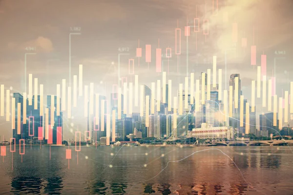 Diagrama de la divisa en paisaje urbano con edificios altos fondo multi exposición. Concepto de investigación financiera . — Foto de Stock
