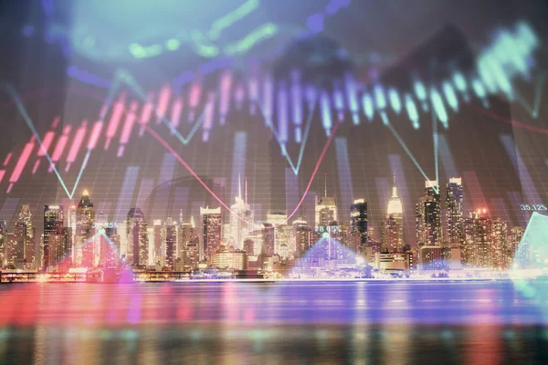 Financial graph on night city scape with tall buildings background multi exposure. Analysis concept.