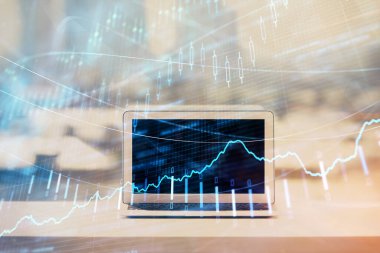 Bilgisayar geçmişi olan eski grafik hologramı. Çoklu maruz kalma. Finans piyasası kavramı.