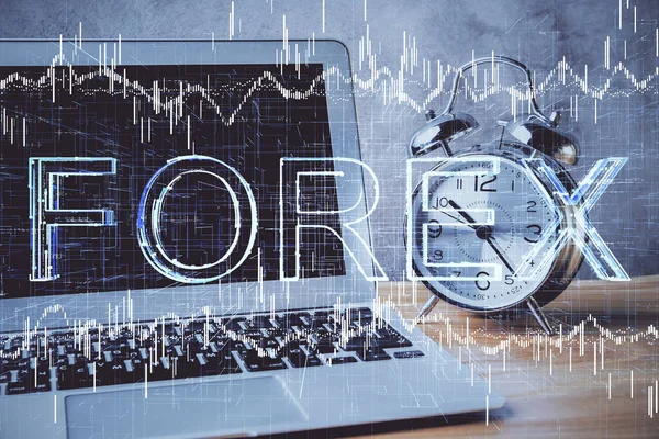 Doble exposición del gráfico de divisas y el espacio de trabajo con el ordenador. Concepto de comercio internacional en línea. —  Fotos de Stock