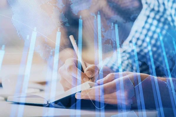 Multi-Exposition von zwei Männern, die Investitionen mit dem Börsenforex-Chart planen. — Stockfoto