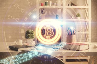 Kripto teknolojisi temalı çizim ve ofis içi arka planına çifte maruz kalma. Engelleme zinciri kavramı.