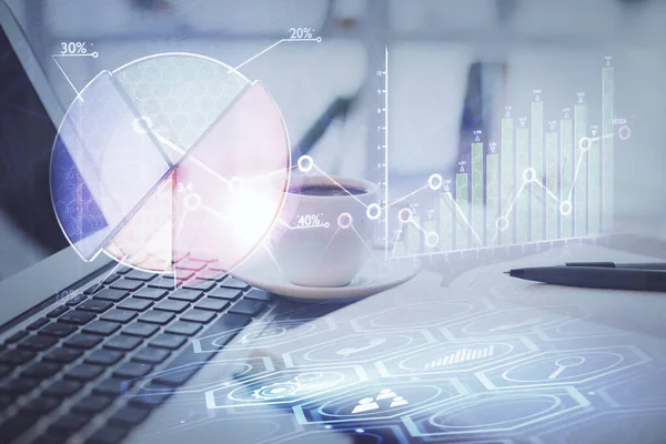 Double exposure of financial chart drawing and desktop with coffee and items on table background. Concept of forex market trading — Stock Photo, Image