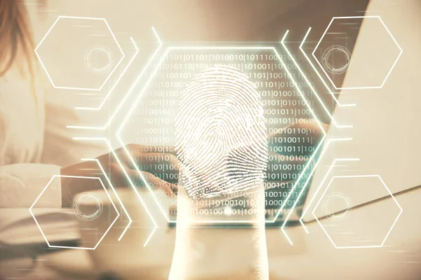 Double exposure of woman hands typing on computer and fingerprint drawing. Security concept. — Stock Photo, Image