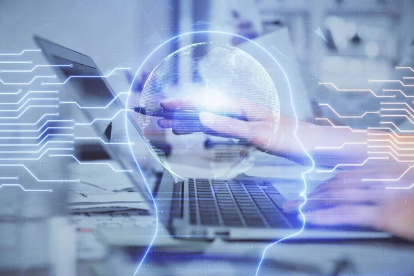 Multi exposición de las manos de las mujeres que trabajan en la computadora y el dibujo del holograma cerebral. Concepto Ai. —  Fotos de Stock