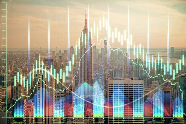 Forex graph on city view with skyscrapers background double exposure. Financial analysis concept. — Stock Photo, Image