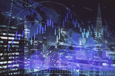 Yüksek binalar arka plan çok pozlama ile gece şehir scape mali grafik. Analiz kavramı.