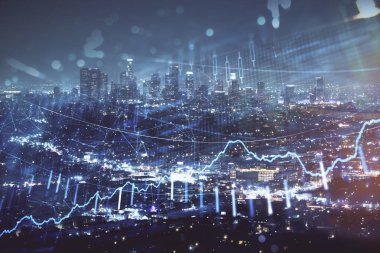 Yüksek binalar arka plan çok pozlama ile gece şehir scape mali grafik. Analiz kavramı.