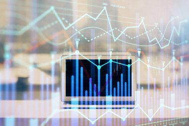 Bilgisayar geçmişi olan eski grafik hologramı. Çoklu maruz kalma. Finans piyasası kavramı.