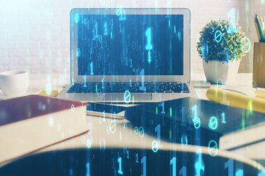 Kişisel bilgisayar ve teknik tema çizimi ile masaüstü çok açıkta. Büyük Veri Kavramı.