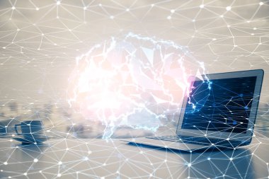 Bilgisayar ve insan beyin hologramıyla çalışma alanının çoklu açığı. Beyin fırtınası konsepti.