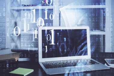 Teknoloji temalı çizim ve bilgisayarla çalışma alanı. Çoklu maruz kalma. Yenilik kavramı.