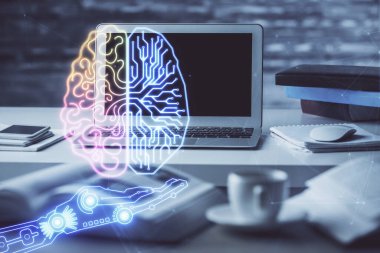 Bilgisayar ve beyin hologramıyla iki kat maruz kalmışlar. Veri yeniliği kavramı.