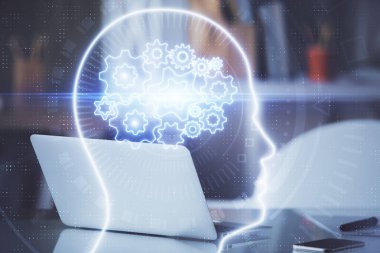 Bilgisayar ve beyin hologramıyla iki kat maruz kalmışlar. Veri yeniliği kavramı.