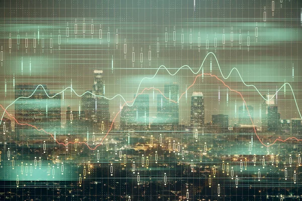 Diagrama de la divisa en paisaje urbano con edificios altos fondo multi exposición. Concepto de investigación financiera . —  Fotos de Stock