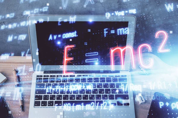 Desktop computer background and formula hologram writing. Double exposure. Education concept. — Stock Photo, Image