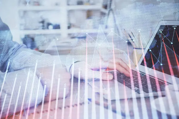 Multi exposure of stock market chart with man working on computer on background. Concept of financial analysis. — Stock Photo, Image