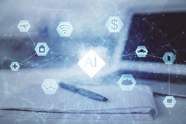 Veri temalı çizimlerin çoklu pozlanması ve açık defter arkaplanı olan masa. Eğitim kavramı