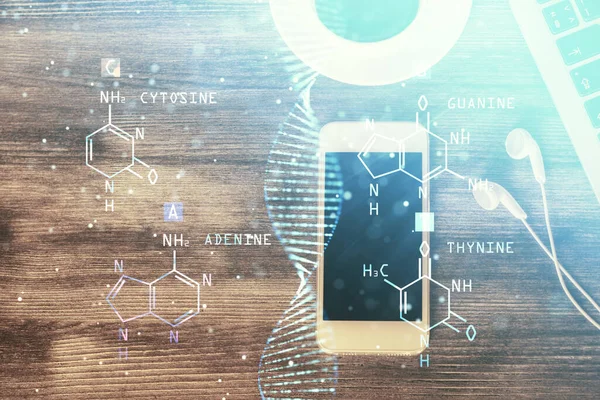 Double exposure of DNA drawing over table with phone. Top view. Science education concept. — Stock Photo, Image