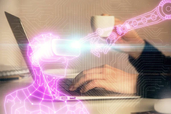 Double exposure of woman hands typing on computer and man in AR glasses drawing. Education concept. — Stock Photo, Image