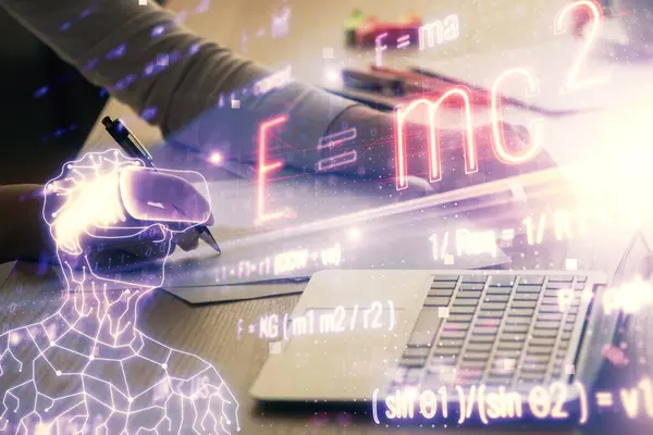 Dupla exposição das mãos da mulher digitando no computador e desenho de holograma de fórmula. Conceito de educação . — Fotografia de Stock