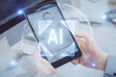 Dijital bir cihaz ve veri temalı çizim kullanarak erkeklerin el ele tutuşması. Yenilik kavramı.