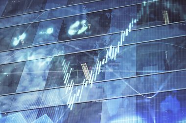 Yüksek binaların arka planında çoklu pozlama olan eski şehir haritası. Finansal araştırma kavramı.