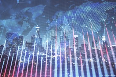 Yüksek binaların arka planında çoklu pozlama olan eski şehir haritası. Finansal araştırma kavramı.