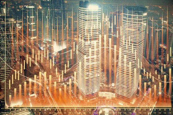 Financial chart on city scape with tall buildings background multi exposure. Analysis concept. — Stock Photo, Image