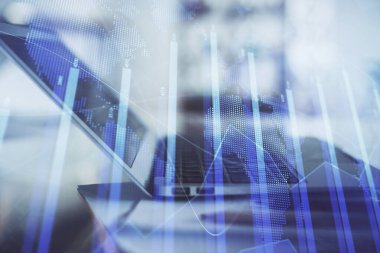 Bilgisayar geçmişi olan eski grafik hologramı. Çifte maruziyet. Finans piyasası kavramı.