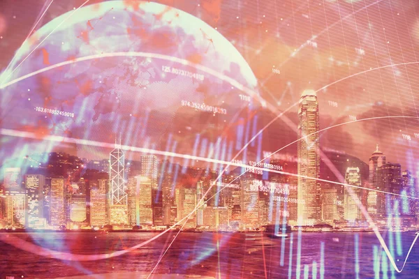 Multi exposure of forex chart drawings over cityscape background. Concept of success. — Stock Photo, Image