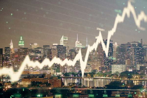 Double exposure of forex chart drawings over cityscape background. Concept of success. — Stock Photo, Image
