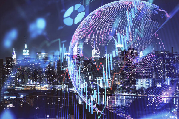 Double exposure of forex chart drawings over cityscape background. Concept of success.