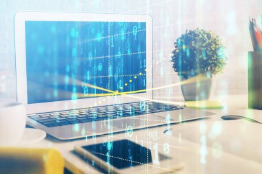 Kişisel bilgisayar ve teknik tema çizimi ile masaüstü çok açıkta. Büyük Veri Kavramı.