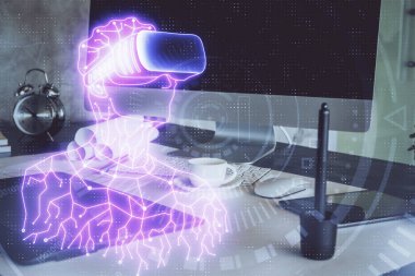 AR tema simgesi olan bilgisayar masaüstünde. Çoklu maruz kalma. Artırılmış gerçeklik kavramı.