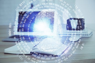 Ofisteki bilgisayarın parmak izi çizimi. Çifte maruziyet. İş veri güvenliği kavramı.