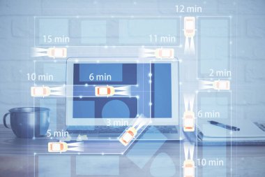 Otomobil hologramı çizimi olan masaüstü bilgisayar arkaplanı. Çoklu maruz kalma. Teknoloji kavramı.