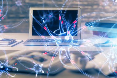 Masaüstü bilgisayar arkaplanı ve nöron çizimi. Çifte maruziyet. Eğitim kavramı.