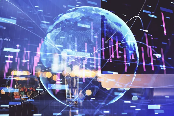 Doble exposición de la carta de divisas y el espacio de trabajo con el ordenador. concepto de comercio internacional en línea. —  Fotos de Stock