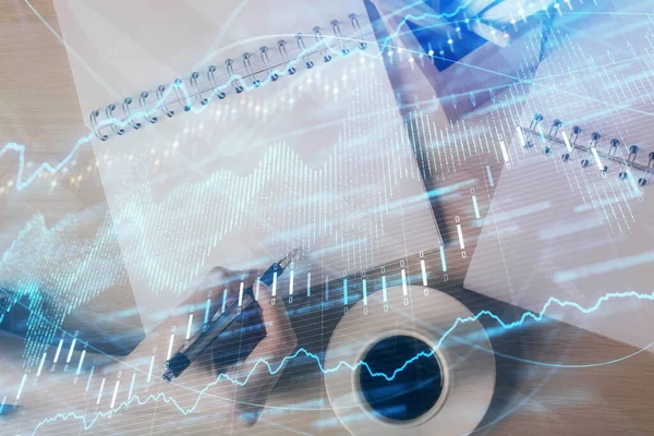 Multi exposure van dames handen maken van notities met Forex Graph hologram. Concept van technische analyse. — Stockfoto