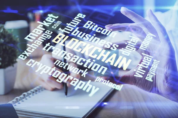 Cryptocurrency hologram over hands taking notes background. Concept of blockchain. Multi exposure — Stock Photo, Image