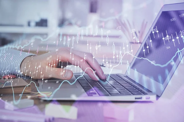 Double exposure of stock market graph with man working on laptop on background. Concept of financial analysis. — Stock Photo, Image