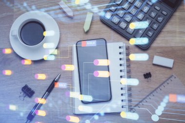 Çalışma masası üzerinde çoklu teknoloji temalı çizim. Üst Manzara. Küresel veri analiz kavramı.